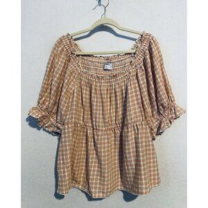 Old Navy Top Womens XL Pink Plaid Puff Sleeve Square Neck Babydoll Coquette
